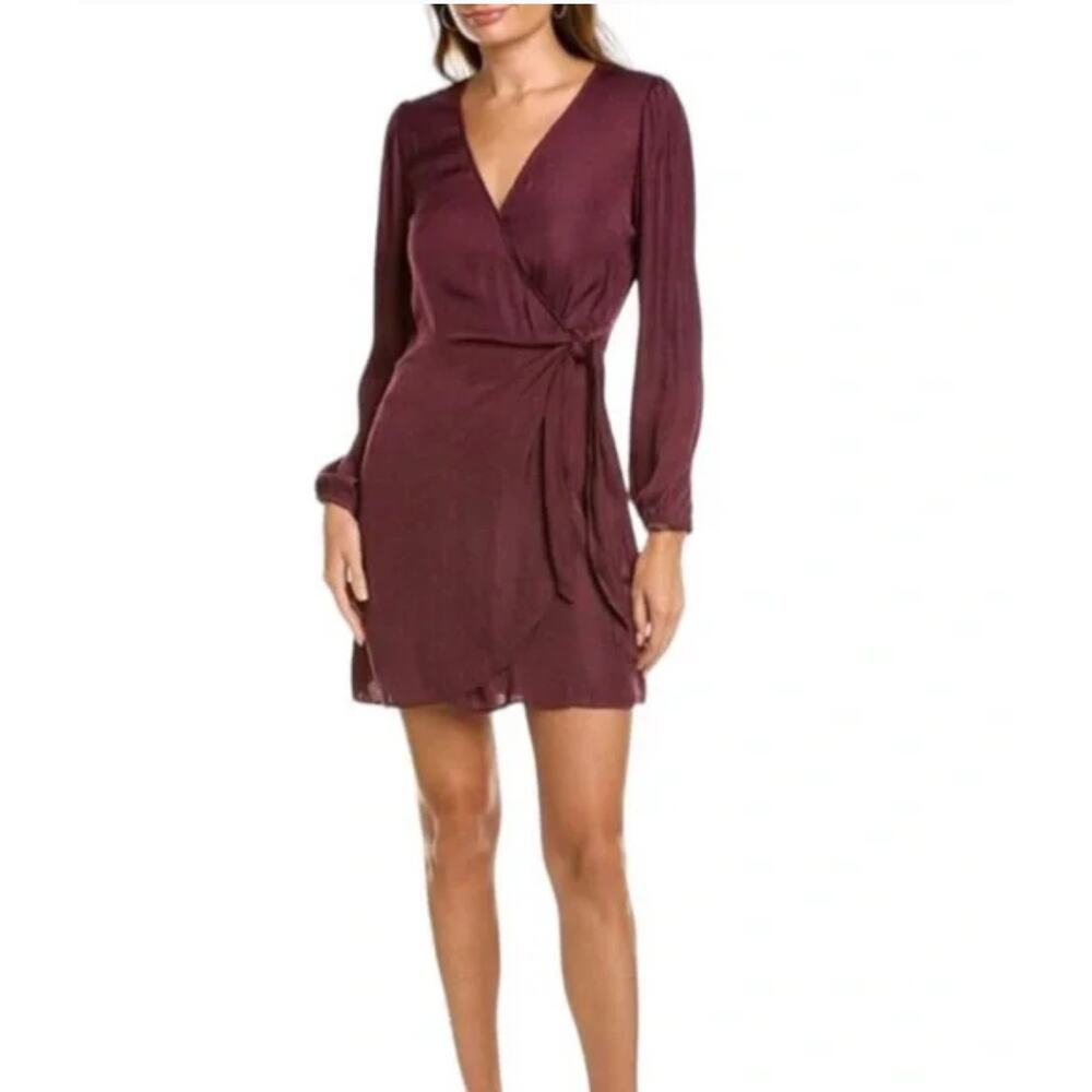 Socialite Long Sleeve Satin Wrap Mini Dress Burgundy Purple Size Small Party